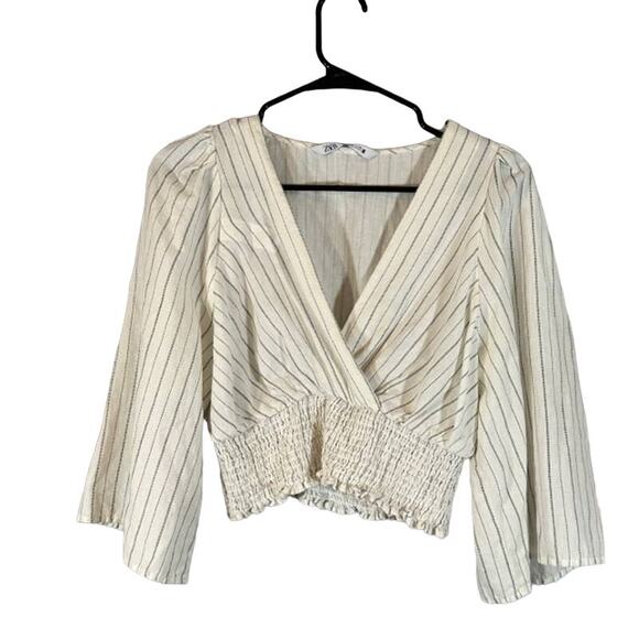 Zara White Striped V-Neck Kimono Sleeve Accordion Trim Cropped Top Women Sz S - Picture 1 of 8
